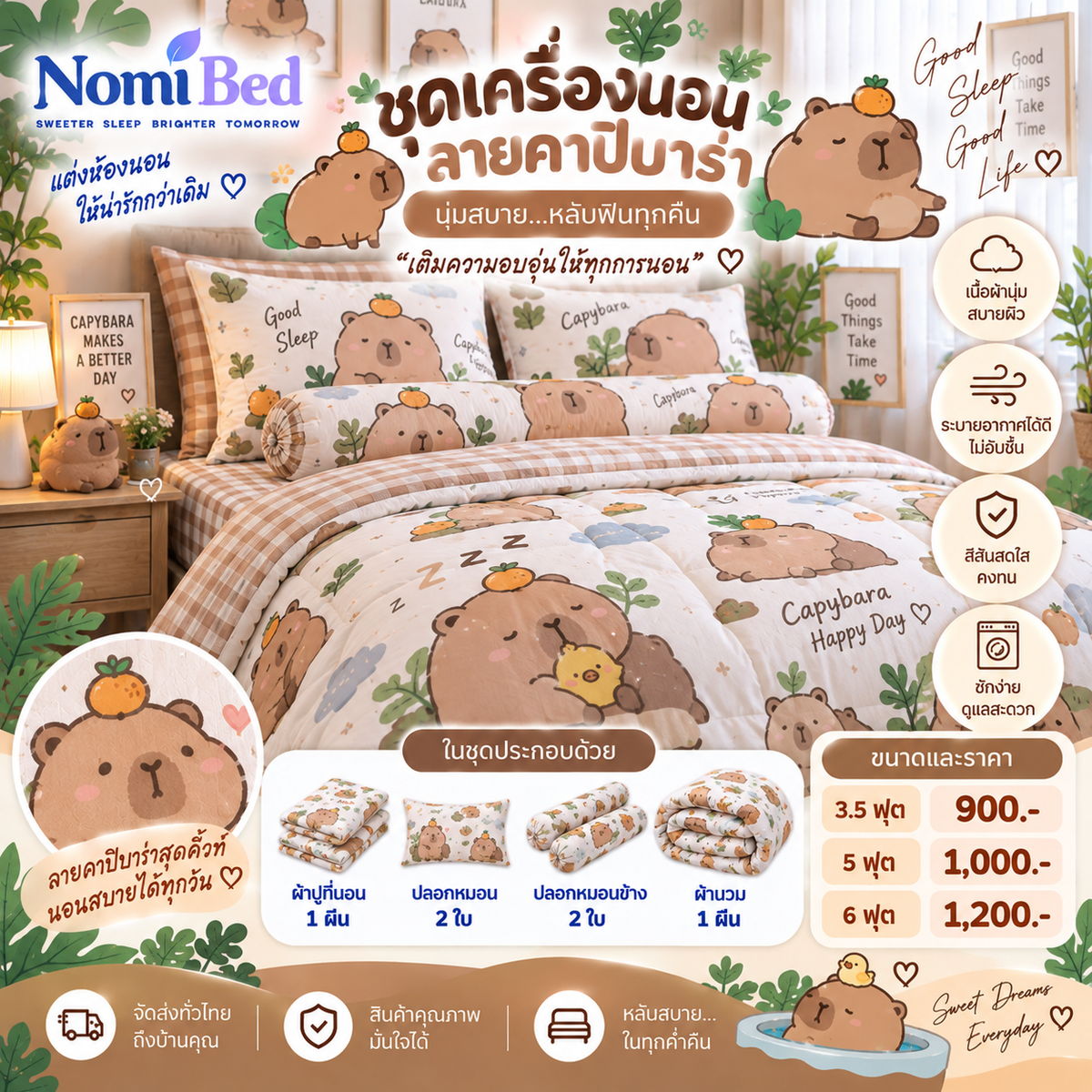 ชุดเครื่องนอนลายคาปิบาร่า